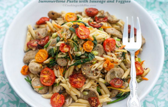Summertime Pasta with Sausage (Meat or Shrimp) and Veggies | Vegan Option