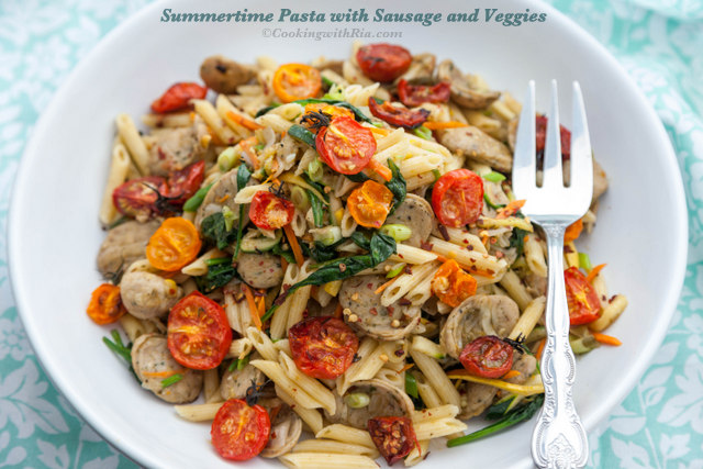 Summertime Pasta with Sausage (Meat or Shrimp) and Veggies | Vegan Option