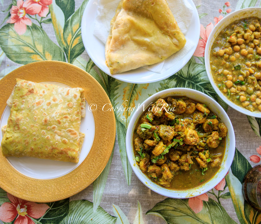 Trinidad Shrimp Roti: served with Curry Channa and Aloo and Dhalpuri