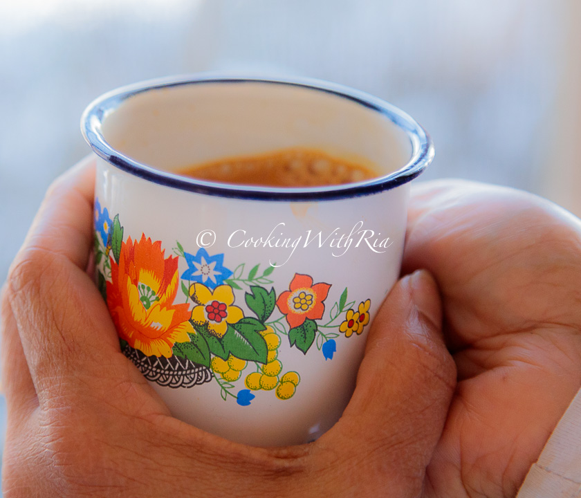 masala chai in an enamel cup