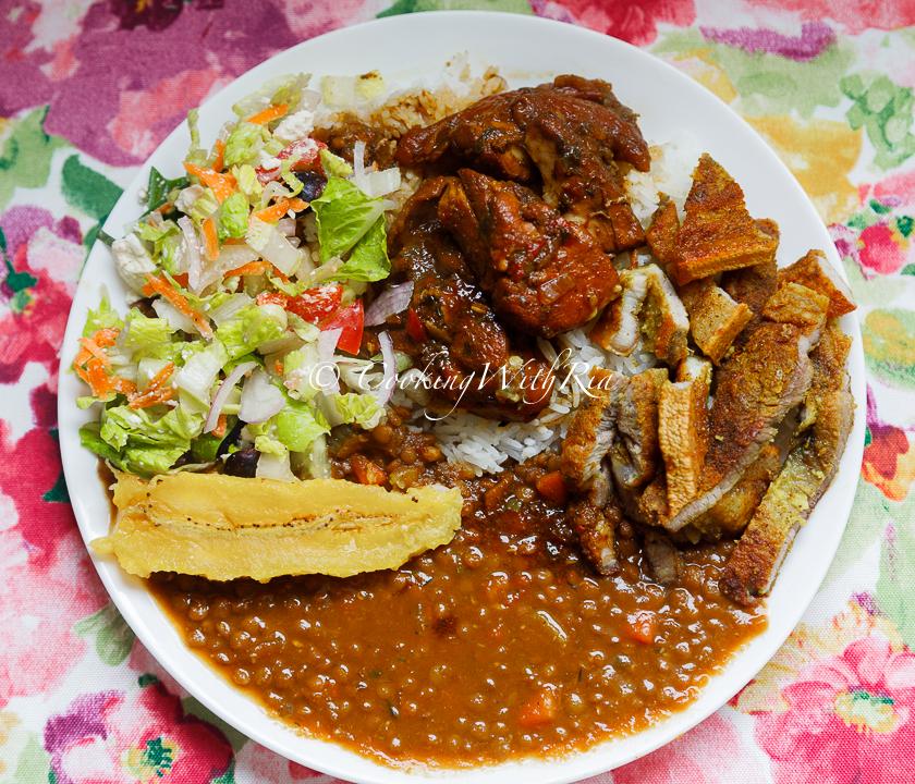 stewed chicken, stewed lentils with coconut milk, fried pork