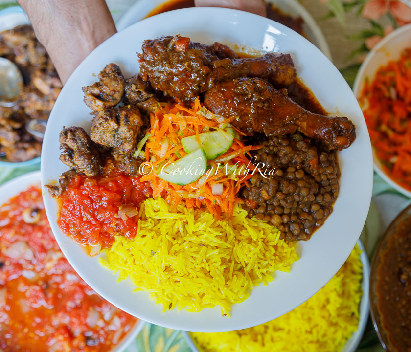 SUNDAY LUNCH WEEK 25 - STEWED CHICKEN YELLOW RICE GEERA CHICKEN TOMATO CHOKA