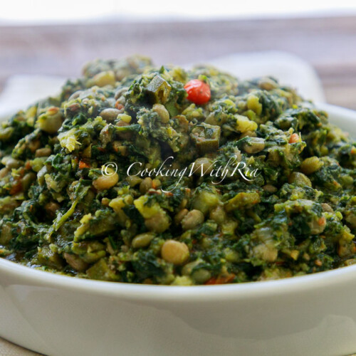Trinidad Bhagi recipe with peas and ochro — spinach, pigeon peas, and okra simmered in coconut cream for a healthy, flavorful Caribbean side dish.