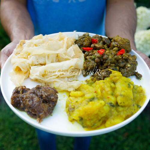 curry duck with pigeon peas curry aloo paratha
