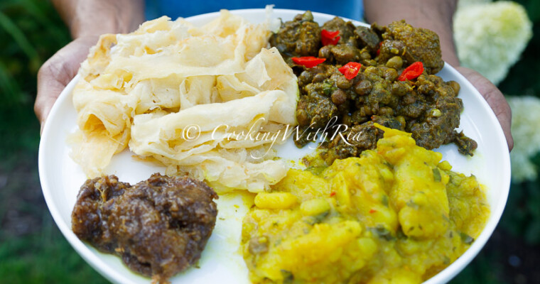 Sunday Lunch Week 32: Curry duck with pigeon peas, curry aloo, and paratha