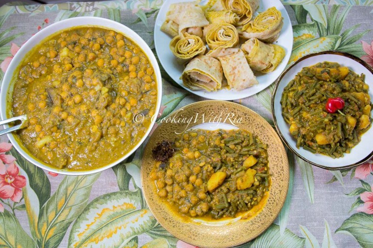 Curry bodi and aloo served hot with dhalpuri roti — a vegan Trinidadian curry perfect for Diwali or Sunday lunch.