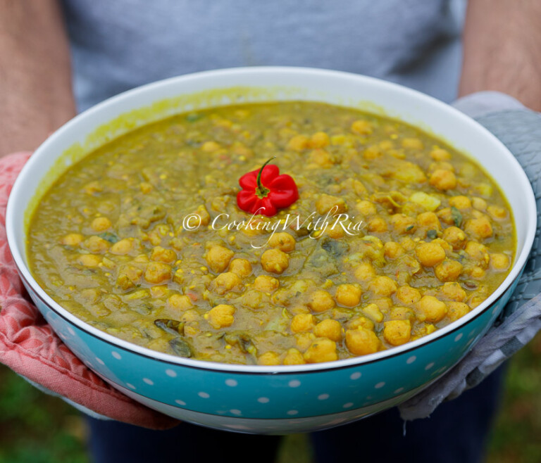 Trinidad curry channa with eggplant served in bowl