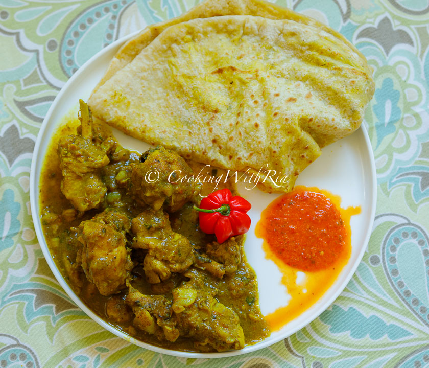 Trinidad Chicken Roti - Plated with Homemade Pepper Sauce