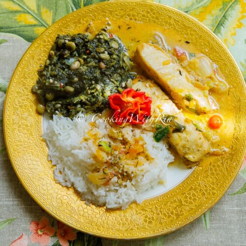 Sunday Lunch Week 38 Bhagi with Peas and Ochro, Steamed Fish, Jasmine Rice