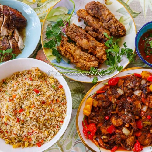 Sunday Lunch Week 46 fried rice, fried ribs, jerk turkey, corn casserole, pepper shrimp