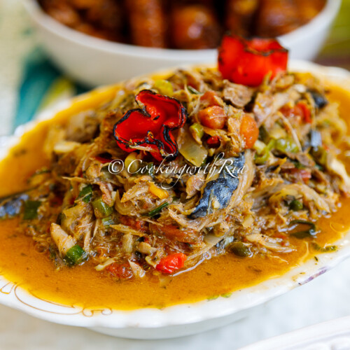 Caribbean Salted Mackerel with Tomatoes boiled ground provisions cou cou