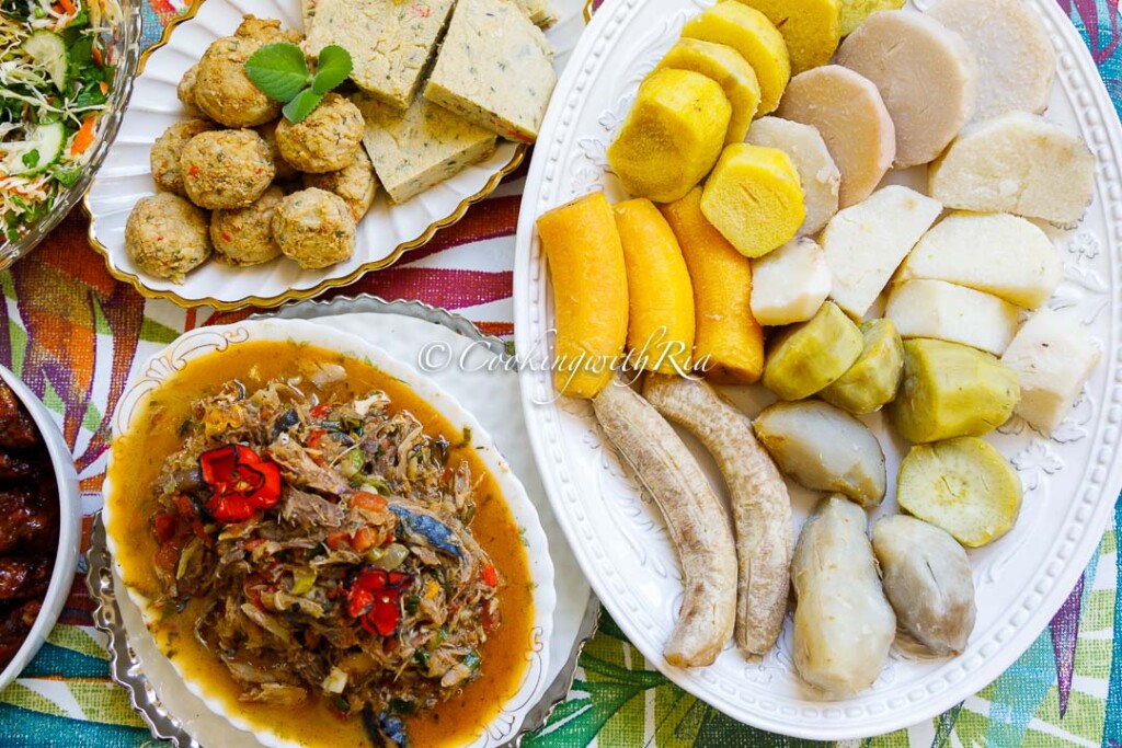 Caribbean Salted Mackerel with Tomatoes boiled ground provisions cou cou
