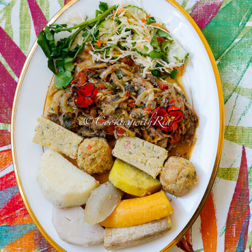 Salted Mackerel with Tomatoes and Boiled ground Provisions