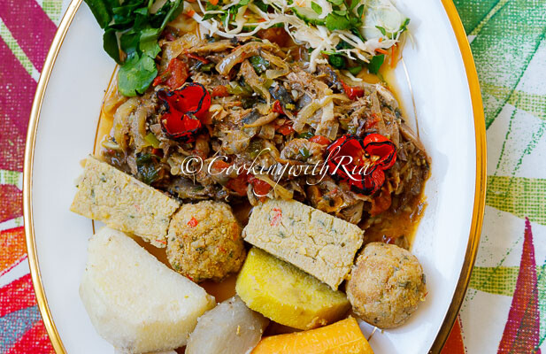 Salted Mackerel with Tomatoes and Boiled ground Provisions