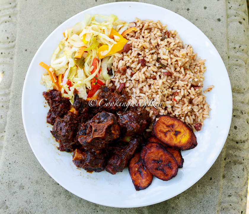 Rice and Beans, Instant Pot Stewed Oxtail, Steamed Cabbage, Fried Plantains